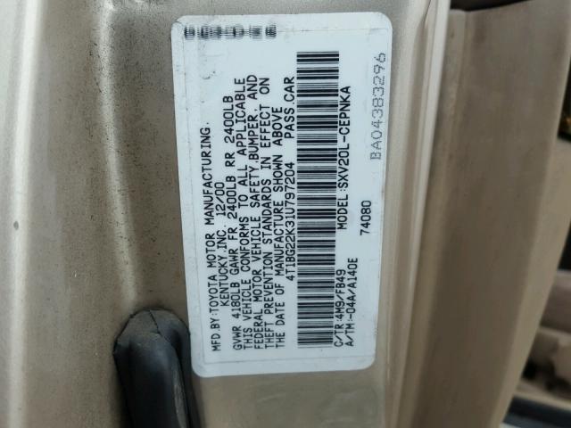 4T1BG22K31U797204 - 2001 TOYOTA CAMRY CE TAN photo 10