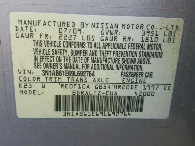 3N1AB61E69L692764 - 2009 NISSAN SENTRA 2.0 SILVER photo 10