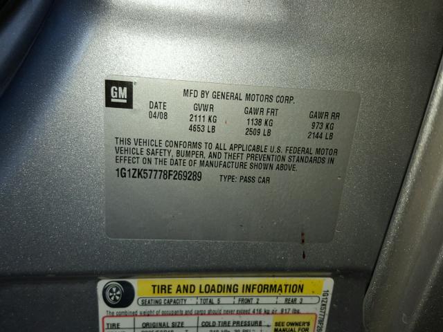 1G1ZK57778F269289 - 2008 CHEVROLET MALIBU LTZ SILVER photo 10