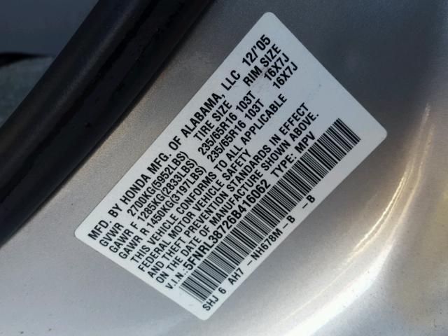 5FNRL38726B416062 - 2006 HONDA ODYSSEY EX SILVER photo 10