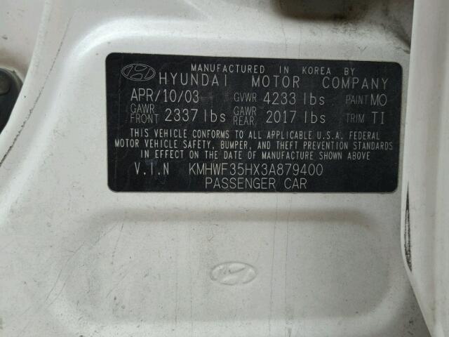 KMHWF35HX3A879400 - 2003 HYUNDAI SONATA GLS WHITE photo 10