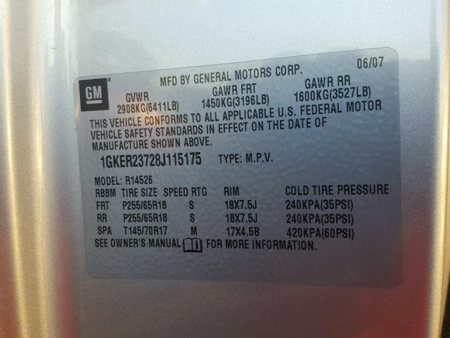 1GKER23728J115175 - 2008 GMC ACADIA SLT ვერცხლისფერი ფოტო 10