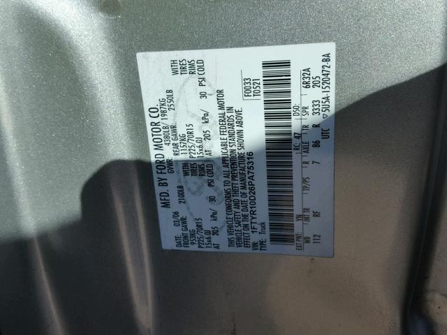 1FTYR10D26PA75316 - 2006 FORD RANGER SILVER photo 10