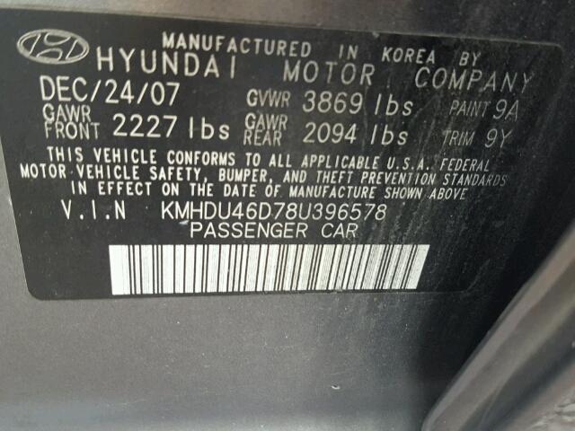 KMHDU46D78U396578 - 2008 HYUNDAI ELANTRA GL CHARCOAL photo 10