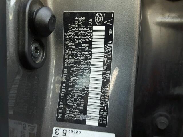 2T1BR32E28C891838 - 2008 TOYOTA COROLLA CE CHARCOAL photo 10