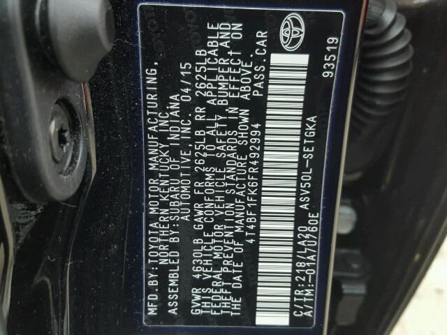 4T4BF1FK6FR492994 - 2015 TOYOTA CAMRY LE BLACK photo 10