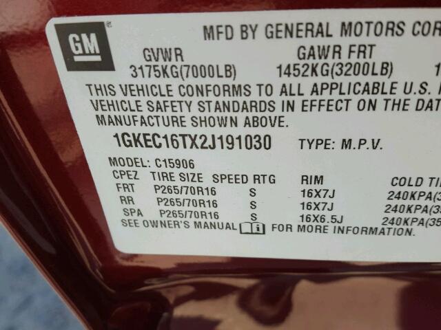 1GKEC16TX2J191030 - 2002 GMC YUKON XL C BURGUNDY photo 10