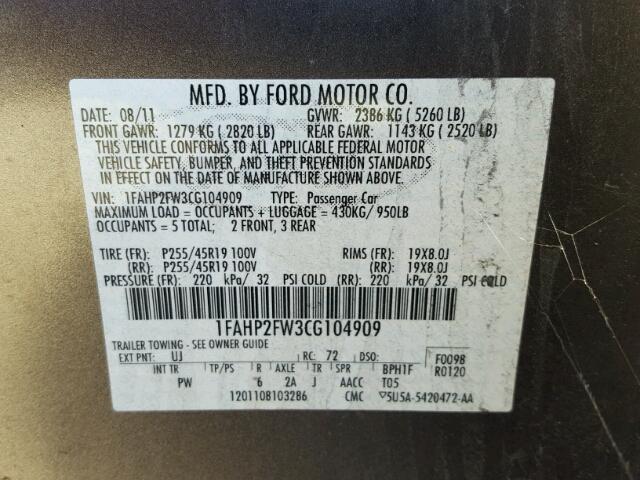 1FAHP2FW3CG104909 - 2012 FORD TAURUS LIM GRAY photo 10