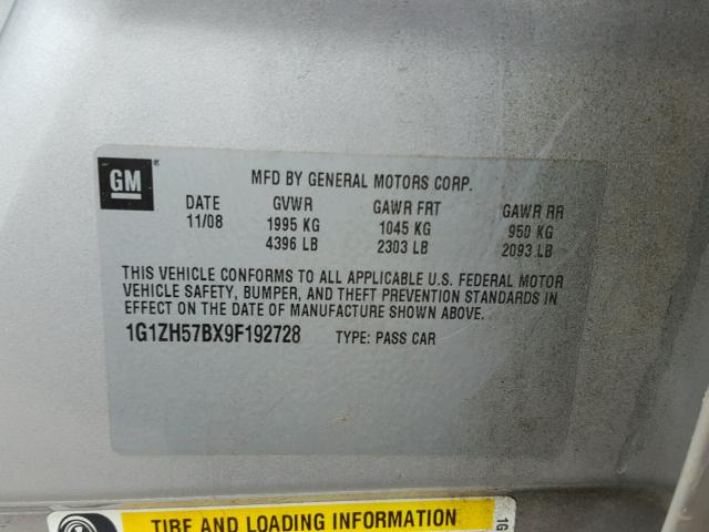 1G1ZH57BX9F192728 - 2009 CHEVROLET MALIBU 1LT SILVER photo 10