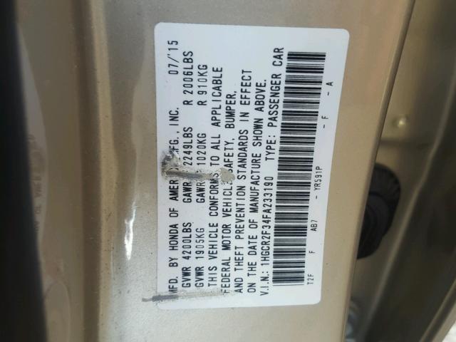 1HGCR2F34FA233190 - 2015 HONDA ACCORD LX TAN photo 10