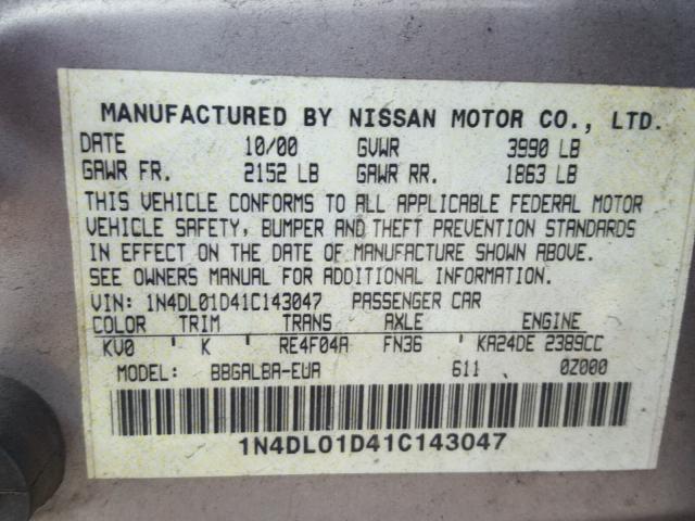 1N4DL01D41C143047 - 2001 NISSAN ALTIMA XE TAN photo 10