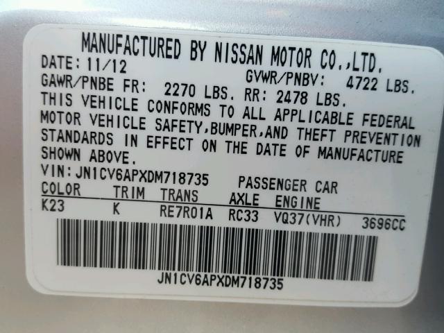 JN1CV6APXDM718735 - 2013 INFINITI G37 BASE SILVER photo 10