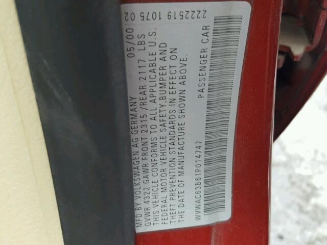 WVWAC63B61P014747 - 2001 VOLKSWAGEN PASSAT GLS RED photo 10