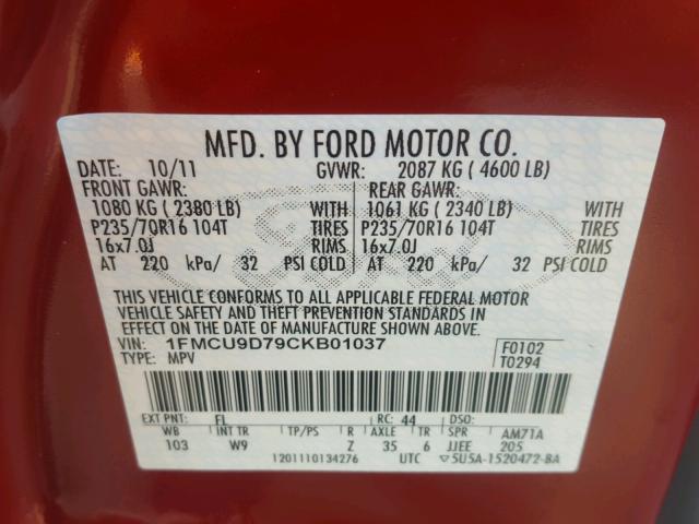 1FMCU9D79CKB01037 - 2012 FORD ESCAPE XLT MAROON photo 10