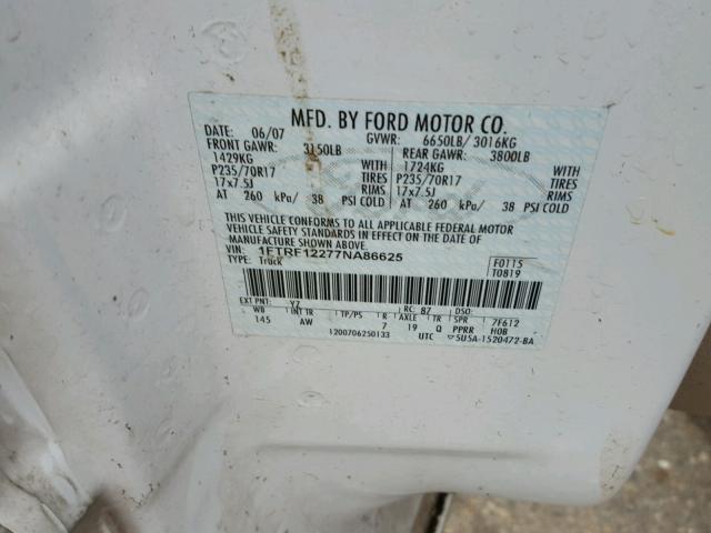 1FTRF12277NA86625 - 2007 FORD F150 WHITE photo 10