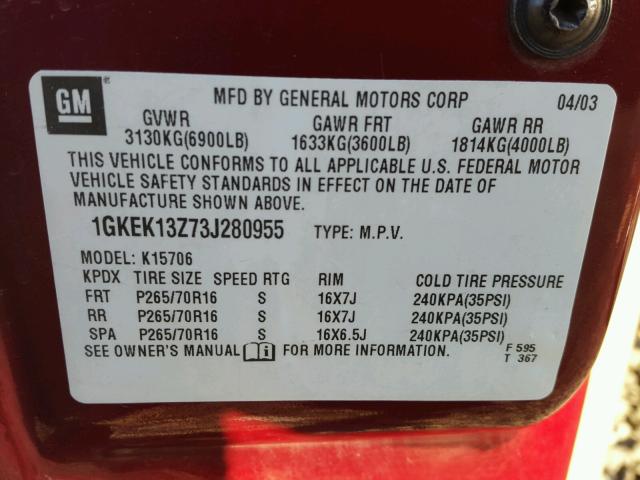 1GKEK13Z73J280955 - 2003 GMC YUKON RED photo 10