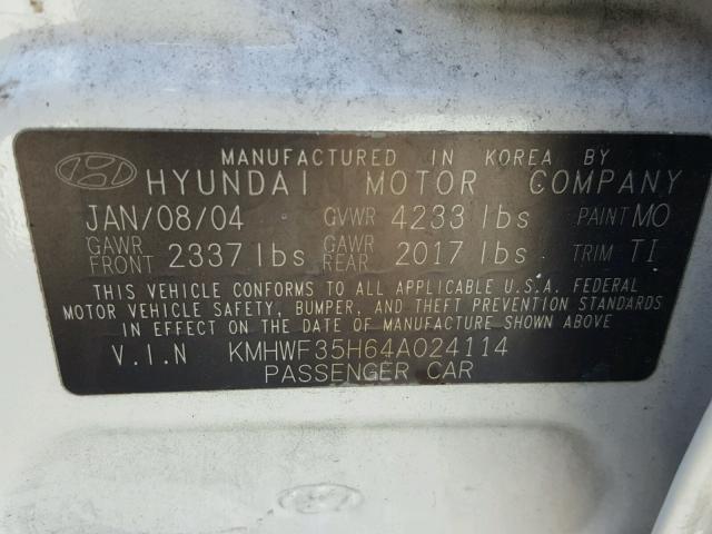 KMHWF35H64A024114 - 2004 HYUNDAI SONATA GLS WHITE photo 10