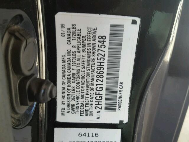 2HGFG12869H527548 - 2009 HONDA CIVIC EX BLACK photo 10