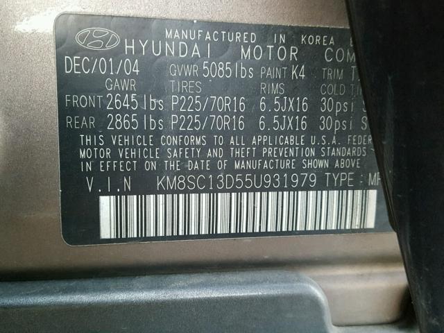 KM8SC13D55U931979 - 2005 HYUNDAI SANTA FE G BROWN photo 10