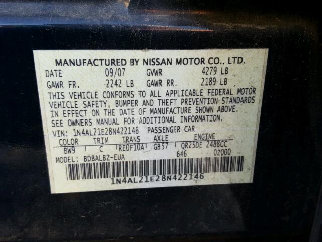 1N4AL21E28N422146 - 2008 NISSAN ALTIMA 2.5 BLUE photo 10