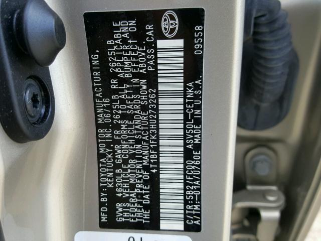 4T1BF1FK3HU273262 - 2017 TOYOTA CAMRY LE ოქროსფერი ფოტო 10