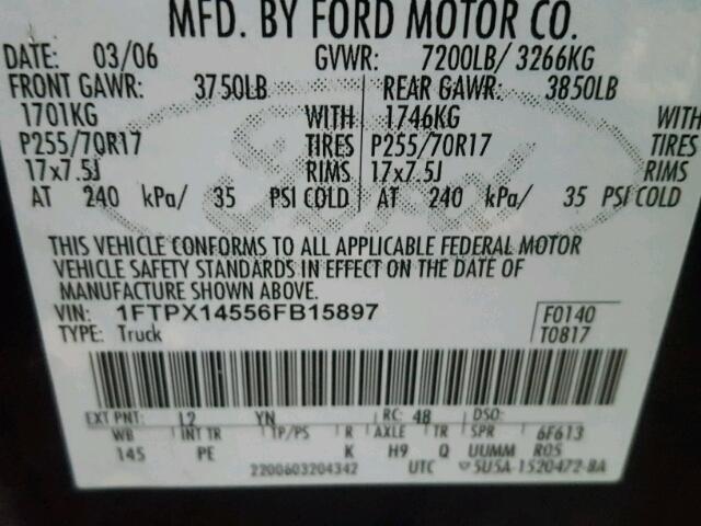 1FTPX14556FB15897 - 2006 FORD F150 BLUE photo 10