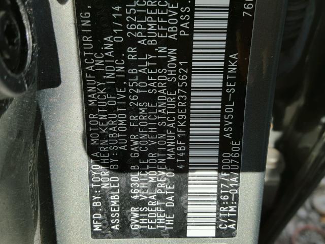 4T4BF1FK9ER375621 - 2014 TOYOTA CAMRY L GRAY photo 10