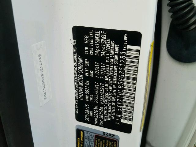 5XYZTDLB5GG351283 - 2016 HYUNDAI SANTA FE S 白色 照片 10