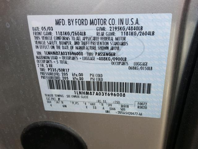 1LNHM87A03Y696008 - 2003 LINCOLN LS 银色 照片 10