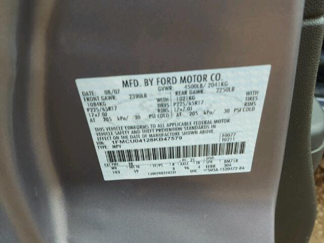 1FMCU04128KB47579 - 2008 FORD ESCAPE LIM SILVER photo 10