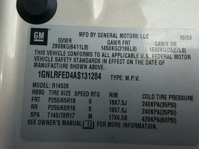 1GNLRFED4AS131284 - 2010 CHEVROLET TRAVERSE L GOLD photo 10