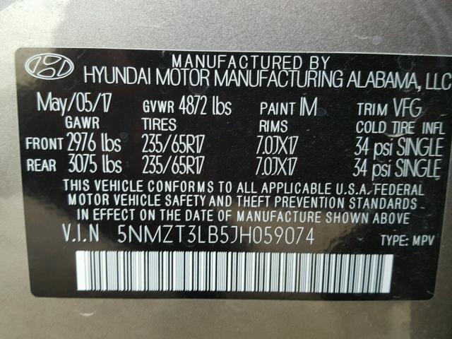 5NMZT3LB5JH059074 - 2018 HYUNDAI SANTA FE S Boz foto 10