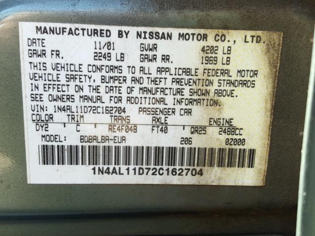 1N4AL11D72C162704 - 2002 NISSAN ALTIMA BAS GREEN photo 10