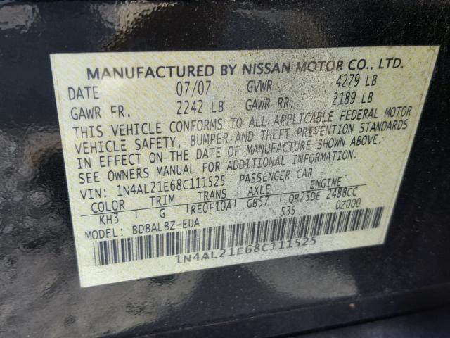 1N4AL21E68C111525 - 2008 NISSAN ALTIMA 2.5 BLACK photo 10