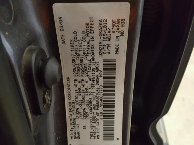 JTEBT17R340037779 - 2004 TOYOTA 4RUNNER LI GRAY photo 10