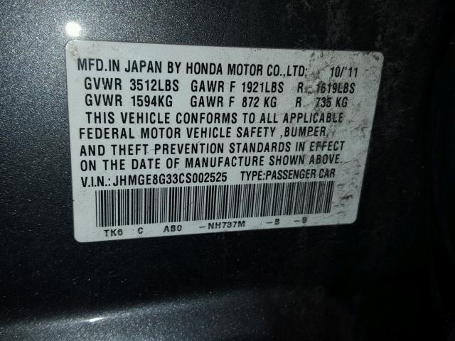 JHMGE8G33CS002525 - 2012 HONDA FIT CHARCOAL photo 10