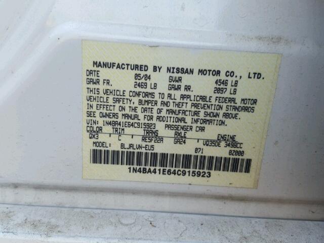 1N4BA41E64C915923 - 2004 NISSAN MAXIMA SE WHITE photo 10