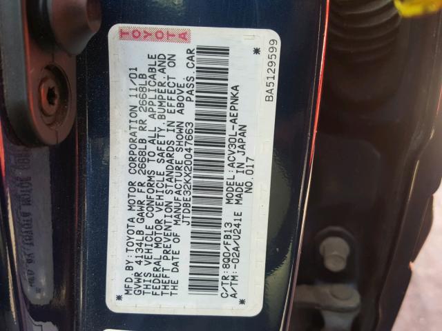 JTDBE32KX20047663 - 2002 TOYOTA CAMRY LE BLUE photo 10