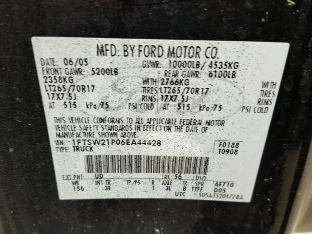 1FTSW21P06EA44428 - 2006 FORD F250 SUPER BLACK photo 10