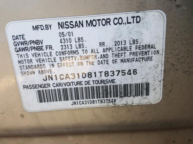 JN1CA31D81T837546 - 2001 NISSAN MAXIMA GXE SILVER photo 10