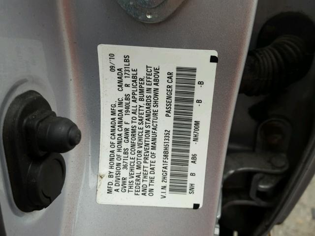 2HGFA1F58BH513352 - 2011 HONDA CIVIC LX SILVER photo 10