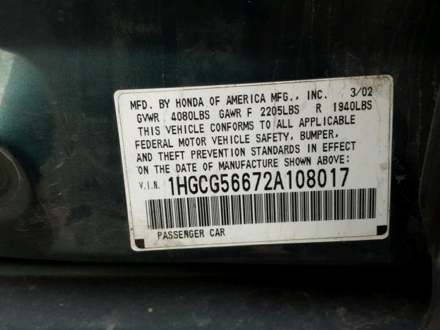 1HGCG56672A108017 - 2002 HONDA ACCORD EX GREEN photo 10