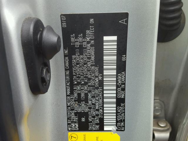 2T2GK31U98C046791 - 2008 LEXUS RX 350 SILVER photo 10