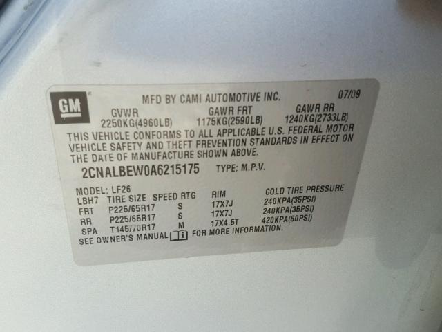 2CNALBEW0A6215175 - 2010 CHEVROLET EQUINOX LS GRAY photo 10