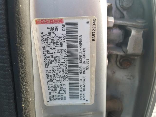JTKKT624540071695 - 2004 TOYOTA SCION XA GRAY photo 10