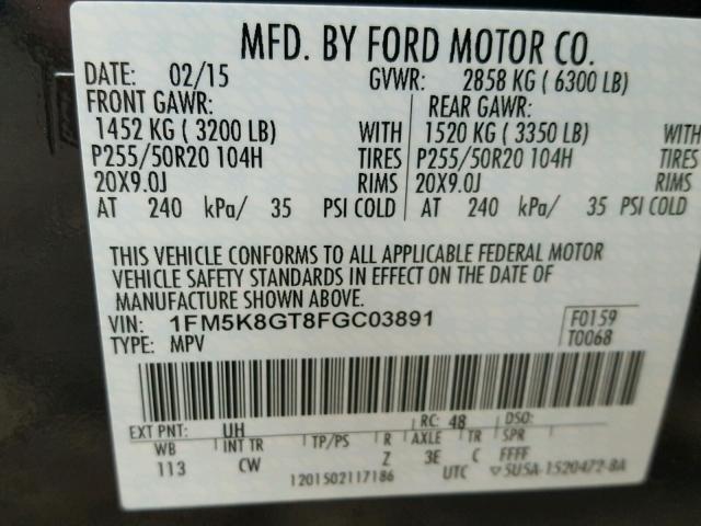 1FM5K8GT8FGC03891 - 2015 FORD EXPLORER S BLACK photo 10