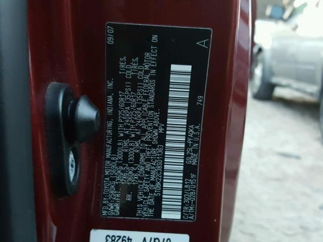 5TDBK22C38S011363 - 2008 TOYOTA SIENNA XLE RED photo 10