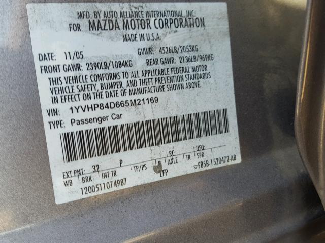 1YVHP84D665M21169 - 2006 MAZDA 6 S GRAY photo 10