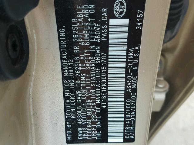 4T1BF1FK9CU151787 - 2012 TOYOTA CAMRY BASE GOLD photo 10