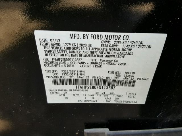 1FAHP2E80EG113587 - 2014 FORD TAURUS SEL BLACK photo 10